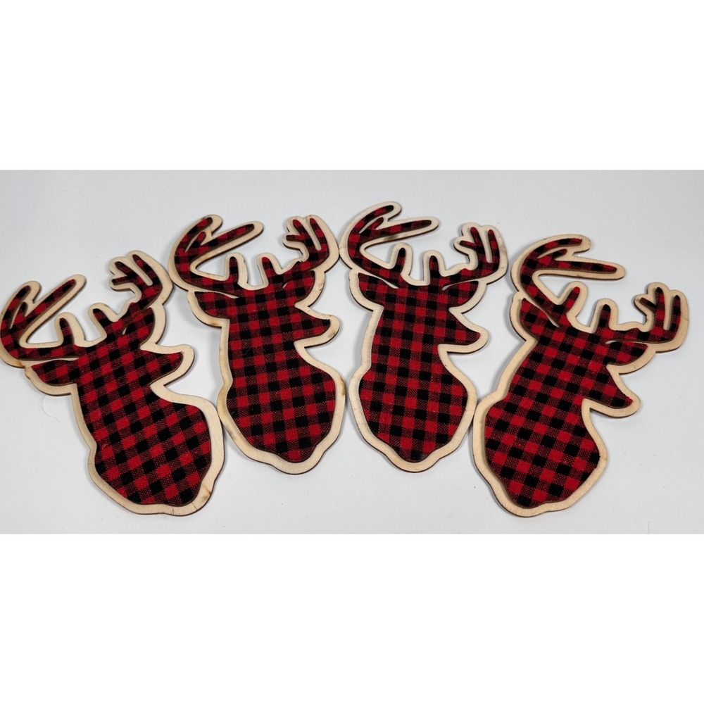 Wooden Deer Buffalo Plaid Gift Decoration Peel and‎ Stick Embelishments Set of 4